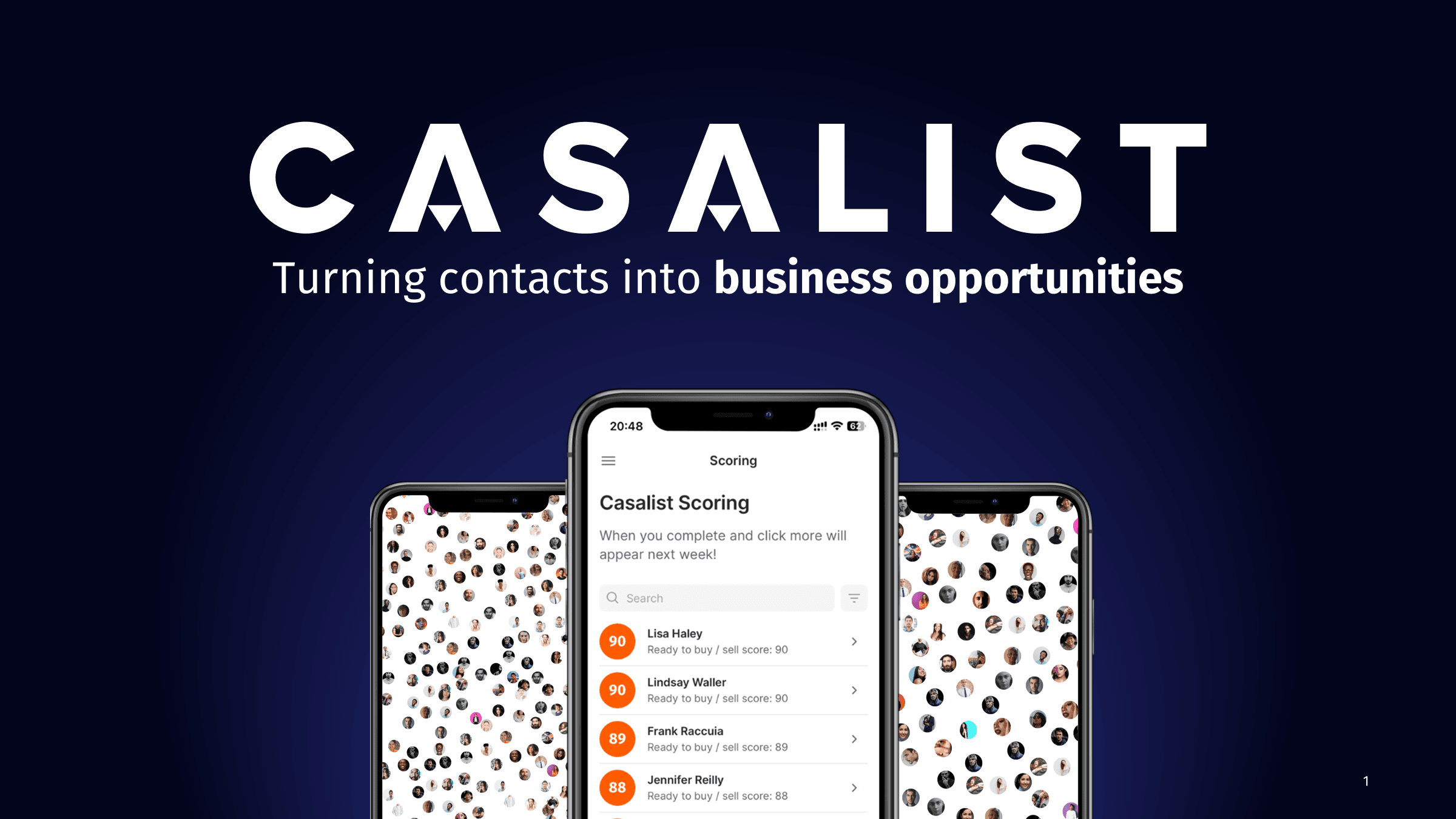 Casalist UI showing contact scoring and potential leads